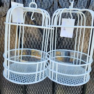 White Decorative Metal Hanging Birdcage Flower Planters W/Plastic Plant Trays-2